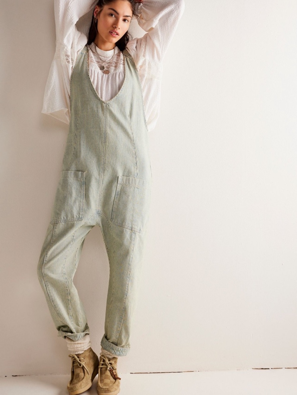 WE THE FREE By Free People:High Roller Railroad Overalls PillowTalk/White NWOT